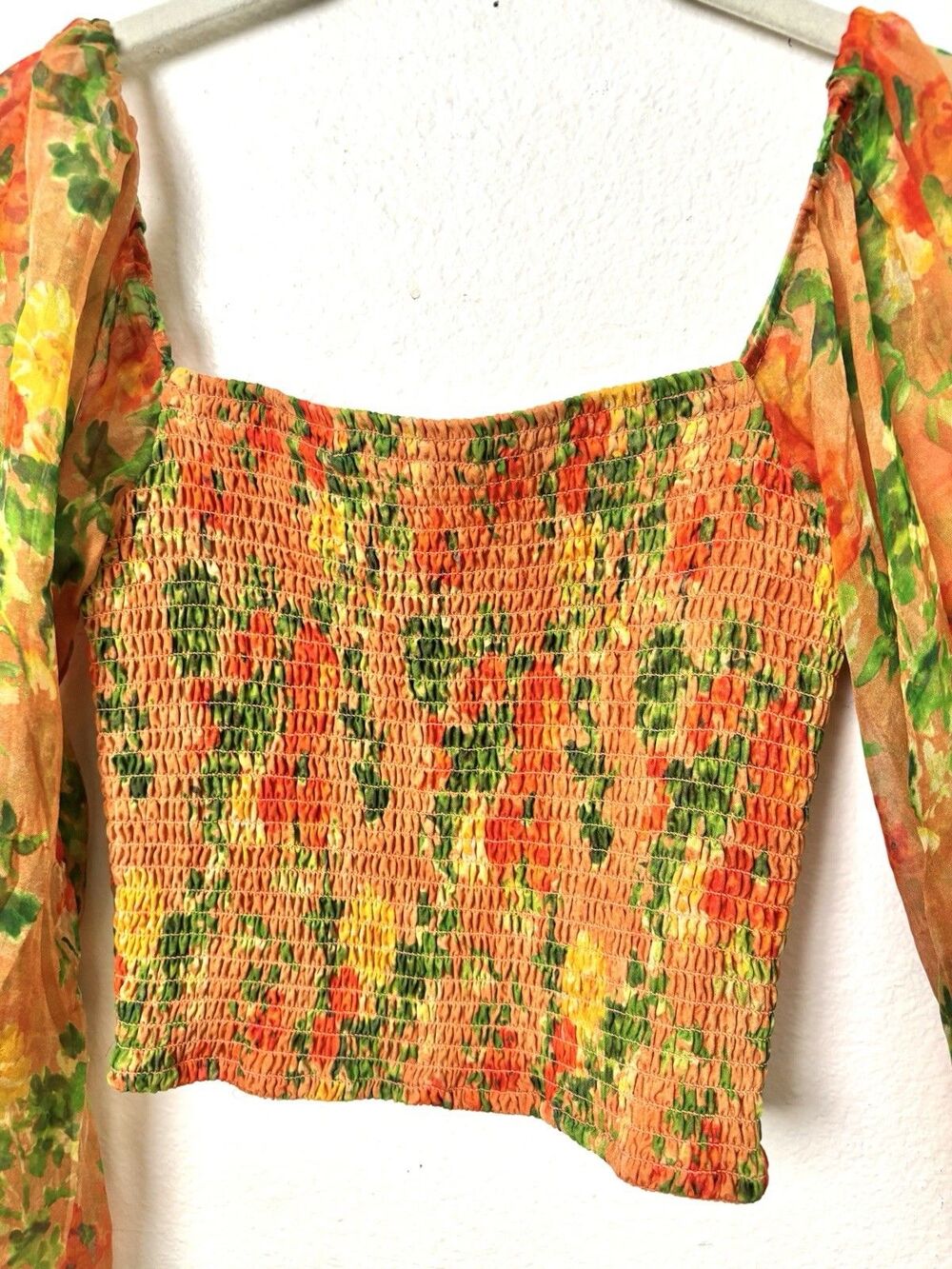 CAROLINE CONSTAS Size XS Amelia Silk Orange Floral Crop Top Retail $428 Smocked